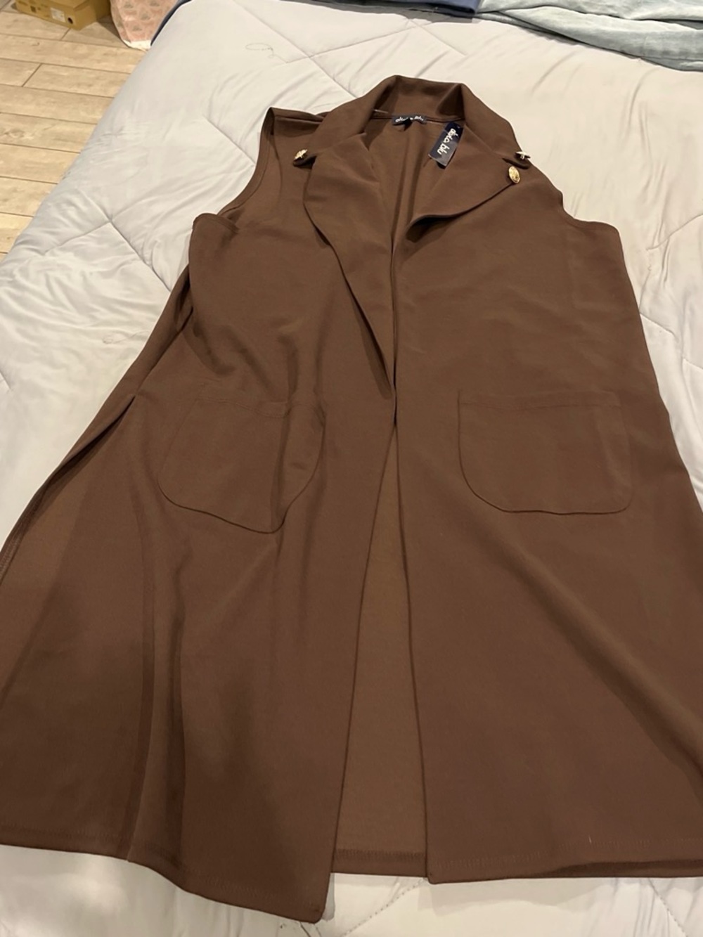 Brown Sleeveless Long Vest with Gold Button Detail